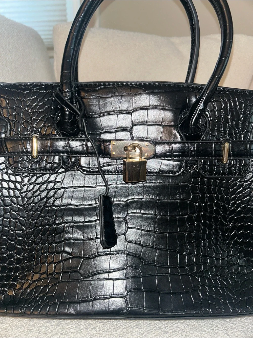 Classic Black Croc-Embossed Satchel Bag